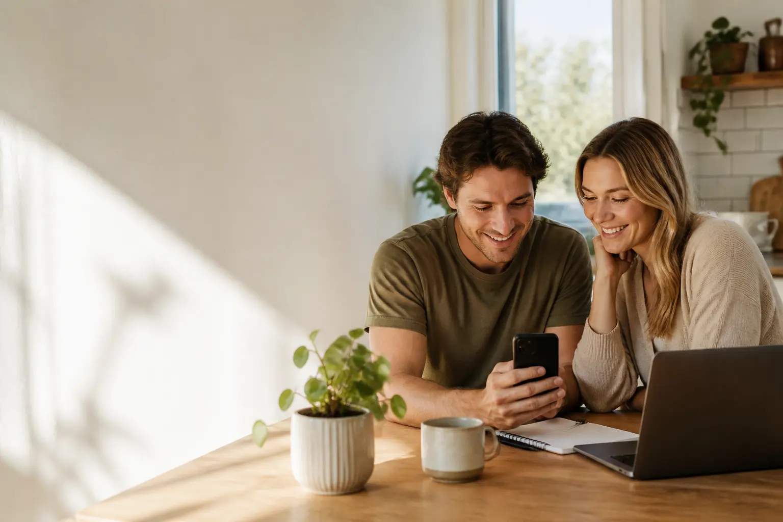 A couple at their kitchen table applying for a CashnGo personal loan on a phone