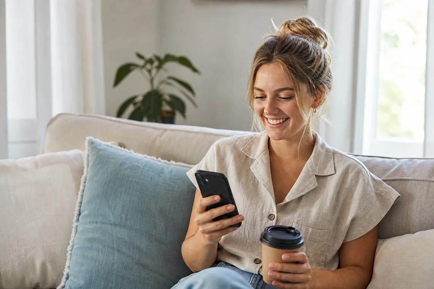 A woman applying for a personal loan on her phone at home