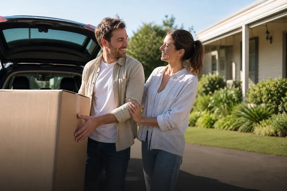 A couple unloading a new appliance from their car at home