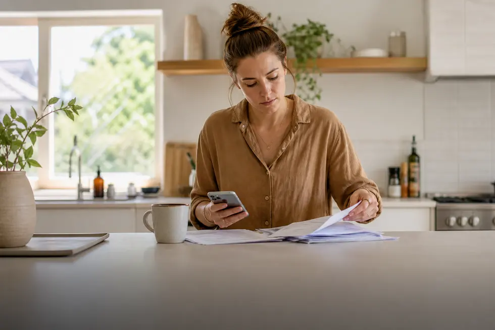 A woman sorting household bills at her kitchen bench