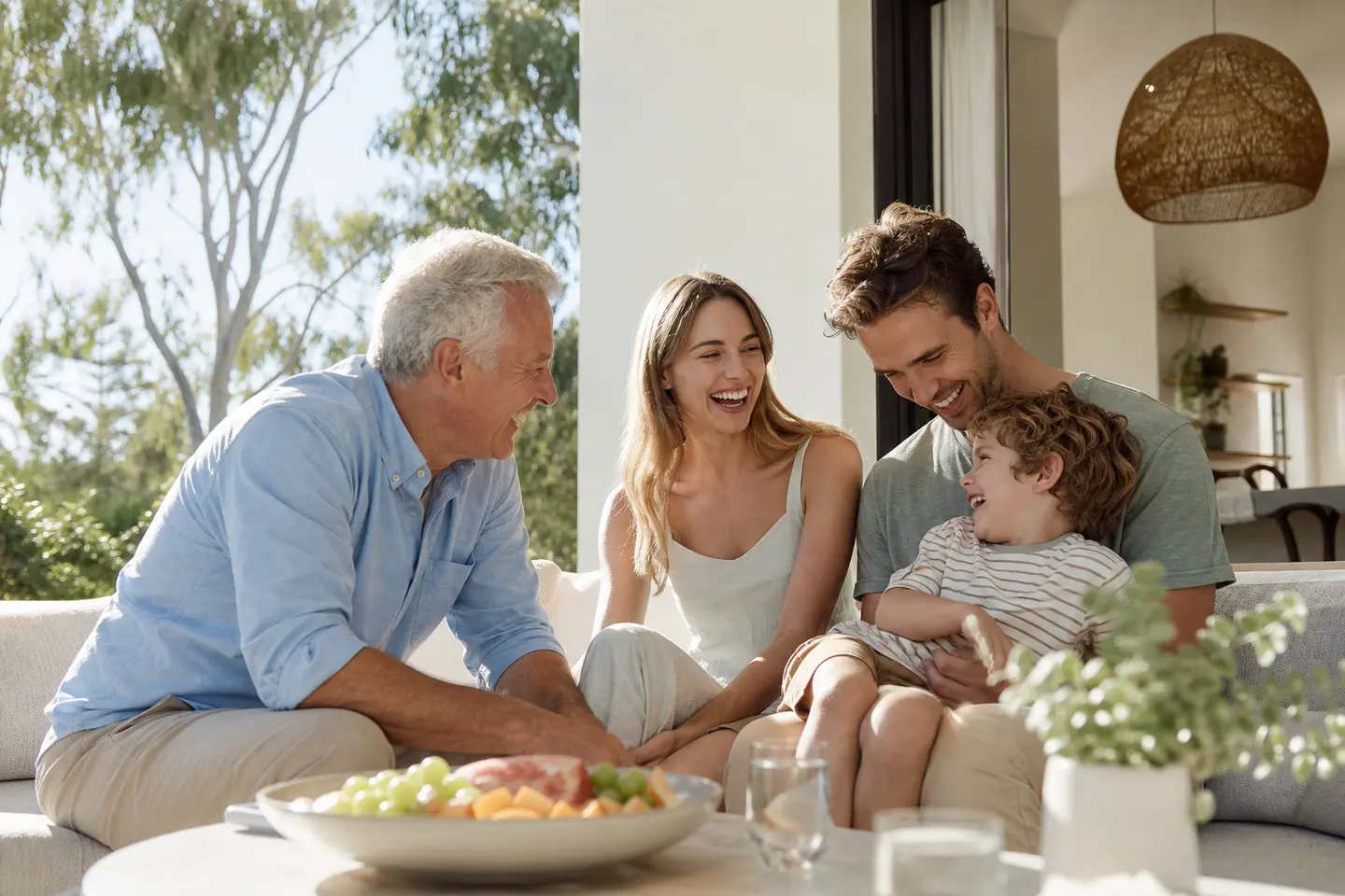 Three generations of an Australian family laughing together at home