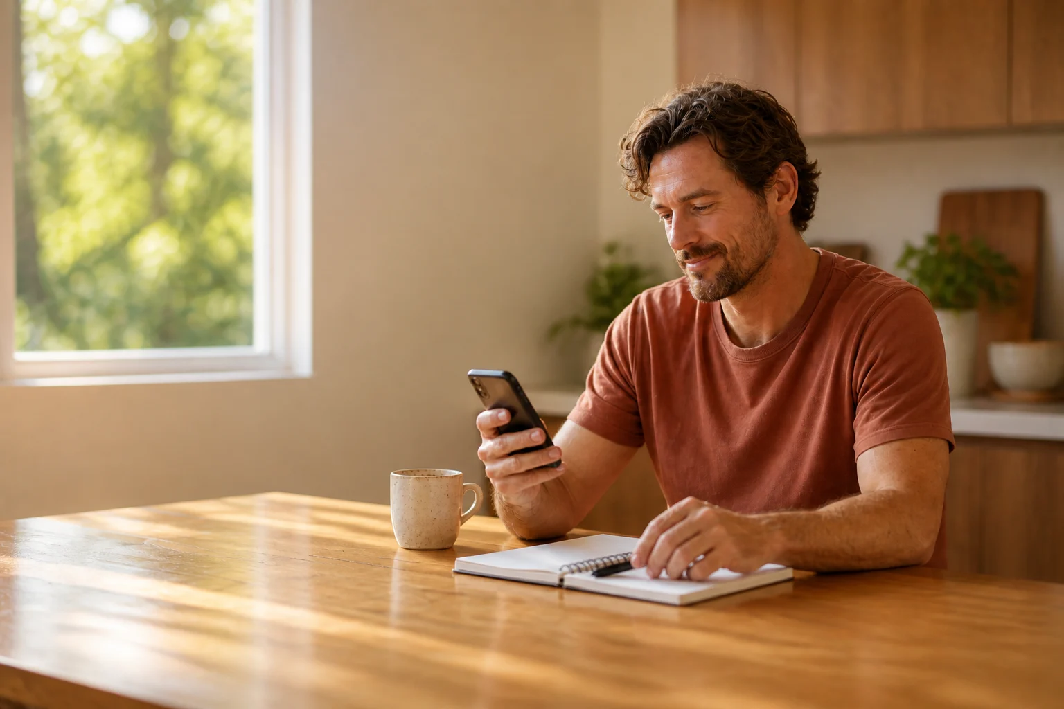A man at his kitchen bench checking loan costs on his phone with a notepad beside him
