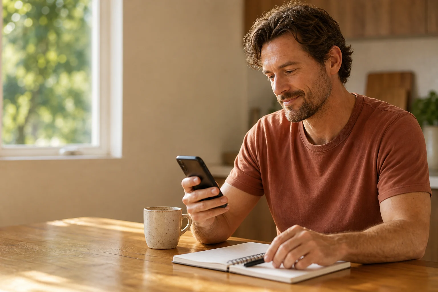 A man at his kitchen bench checking loan costs on his phone with a notepad beside him