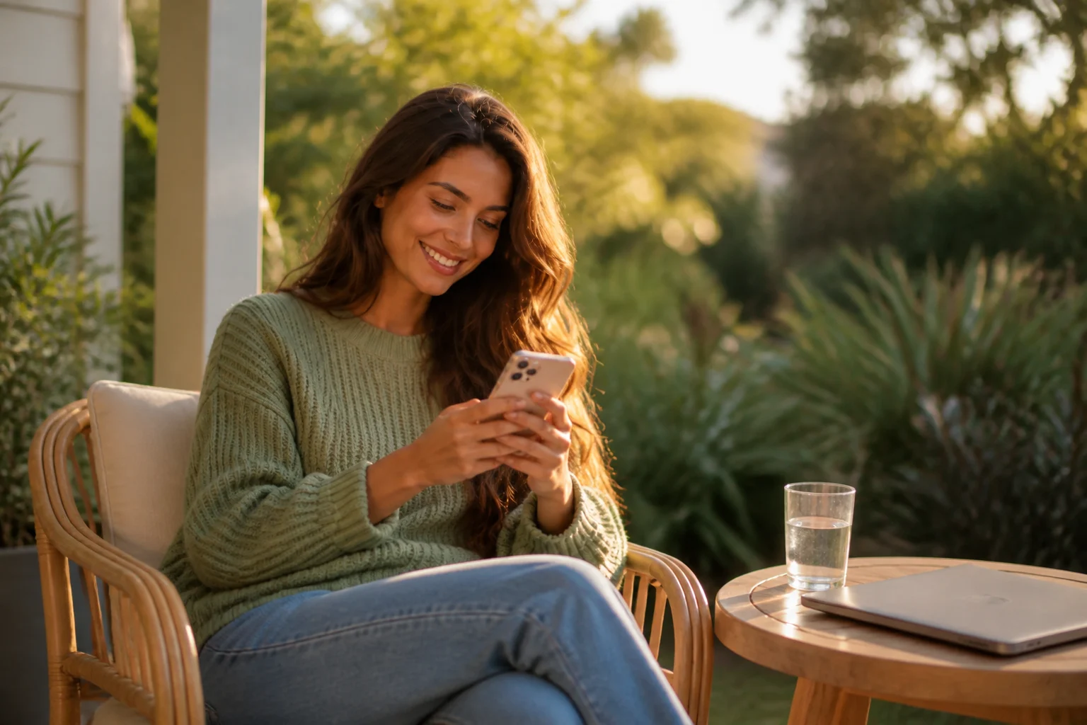 A woman on her verandah applying for a CashnGo loan on her phone