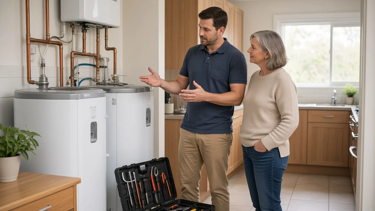 A tradesperson explaining a home repair to a homeowner